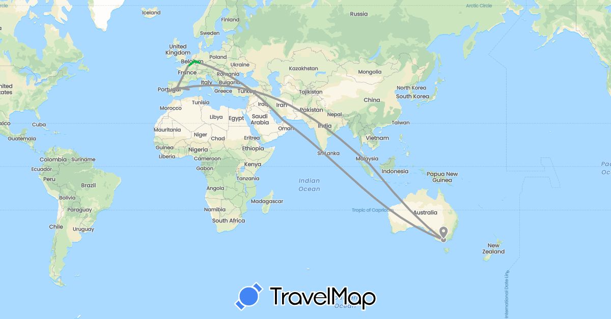 TravelMap itinerary: driving, bus, plane in United Arab Emirates, Australia, Germany, Spain, France, Portugal, Singapore (Asia, Europe, Oceania)
